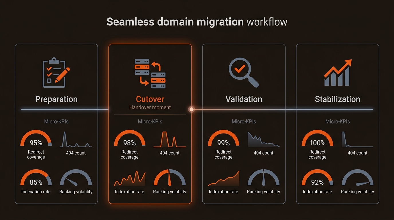 Four-stage horizontal timeline—Preparation, Cutover, Validation, Stabilization—connected by an orange progress line on a dark background, with small KPI charts for redirect coverage, 404s, indexation, and ranking trends.
