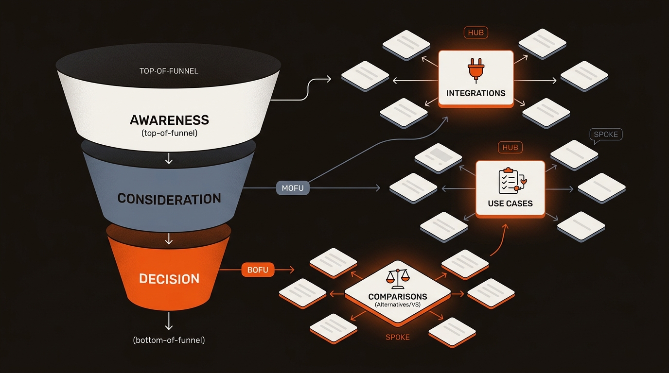 Featured diagram showing a funnel-mapped SaaS site architecture with three hub-and-spoke clusters—Integrations, Use Cases, and Comparisons—connected to funnel stages in brand orange, charcoal, and slate colors.