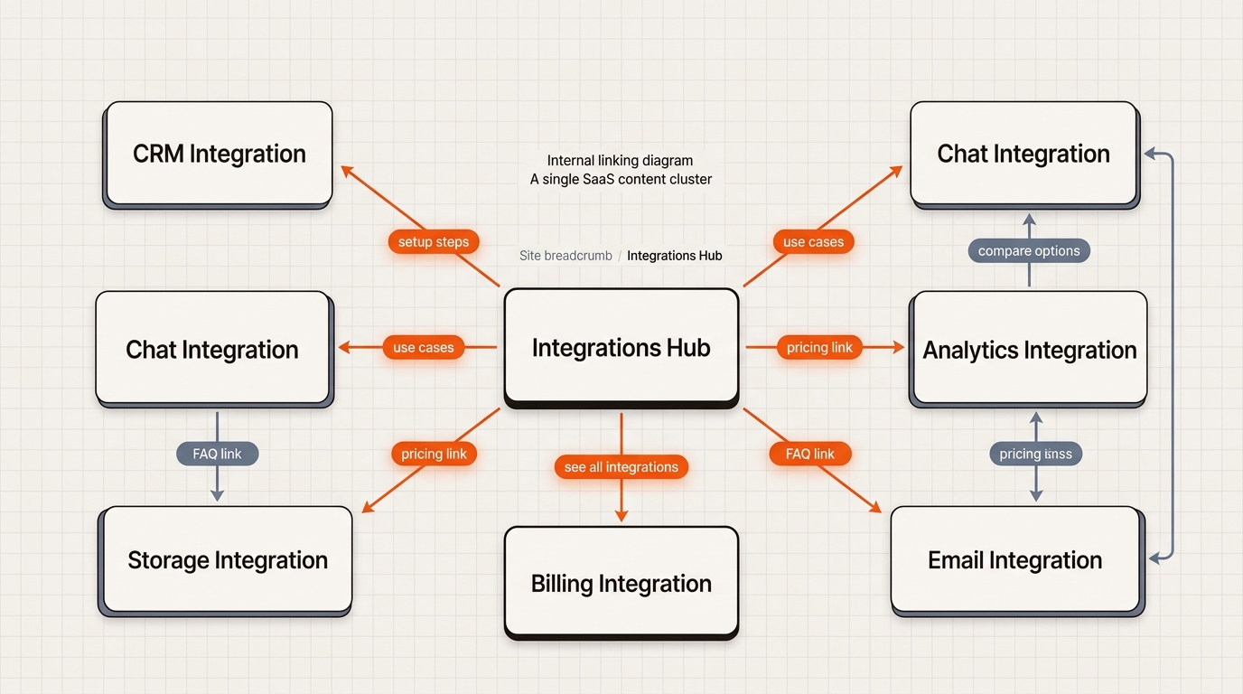 Internal linking diagram of a SaaS integrations cluster, with a central hub page linking to six spoke pages and anchor-text examples shown on the connecting arrows.