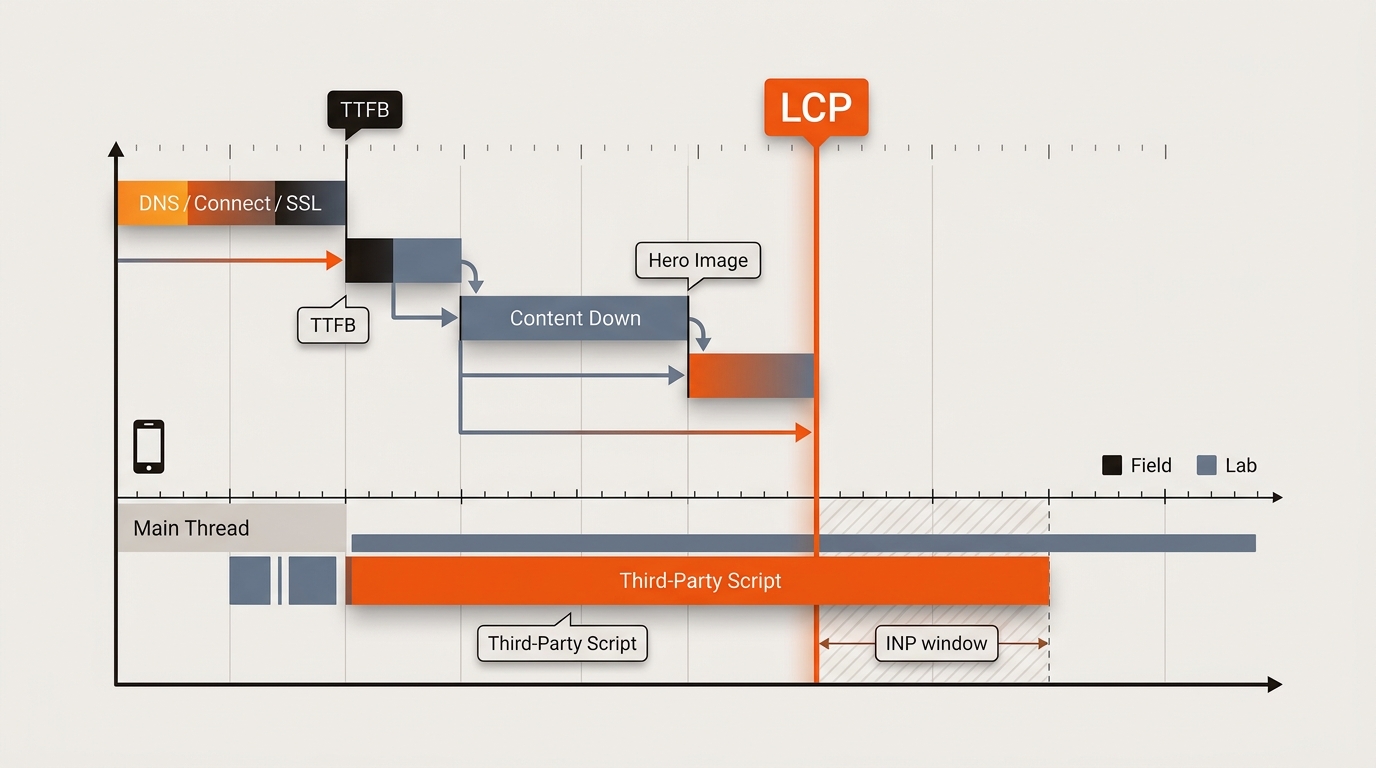 Hero illustration of a web performance waterfall from TTFB to LCP with a bold third‑party script bar blocking the main thread, styled in brand orange (#f1560e), near‑black (#181310), and slate blue‑gray (#65758b).