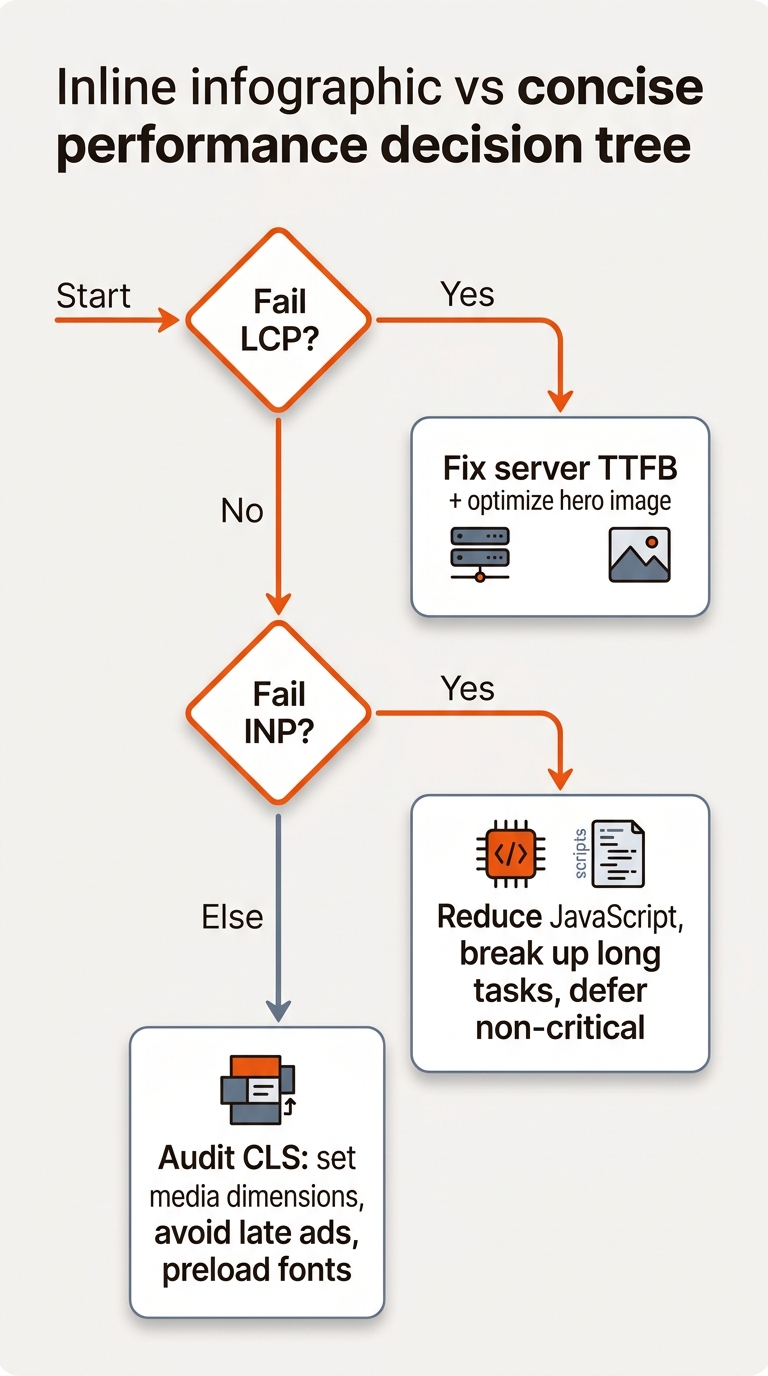 Minimal flowchart showing: If LCP fails, fix server and hero image; if LCP passes but INP fails, reduce JavaScript; otherwise audit CLS, rendered in brand colors with simple icons.