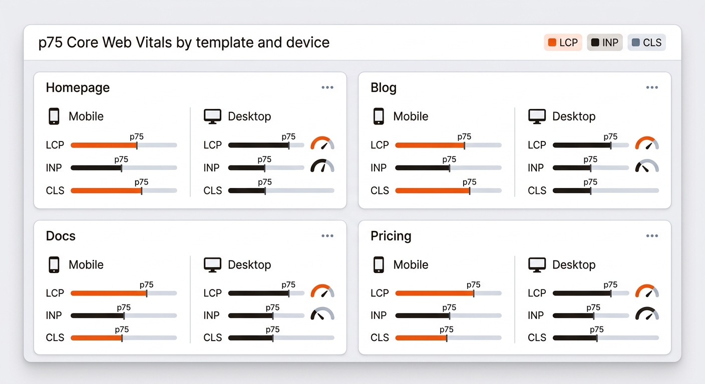 Dashboard-style graphic showing p75 LCP, INP, and CLS for Homepage, Blog, Docs, and Pricing, each split into mobile and desktop segments.