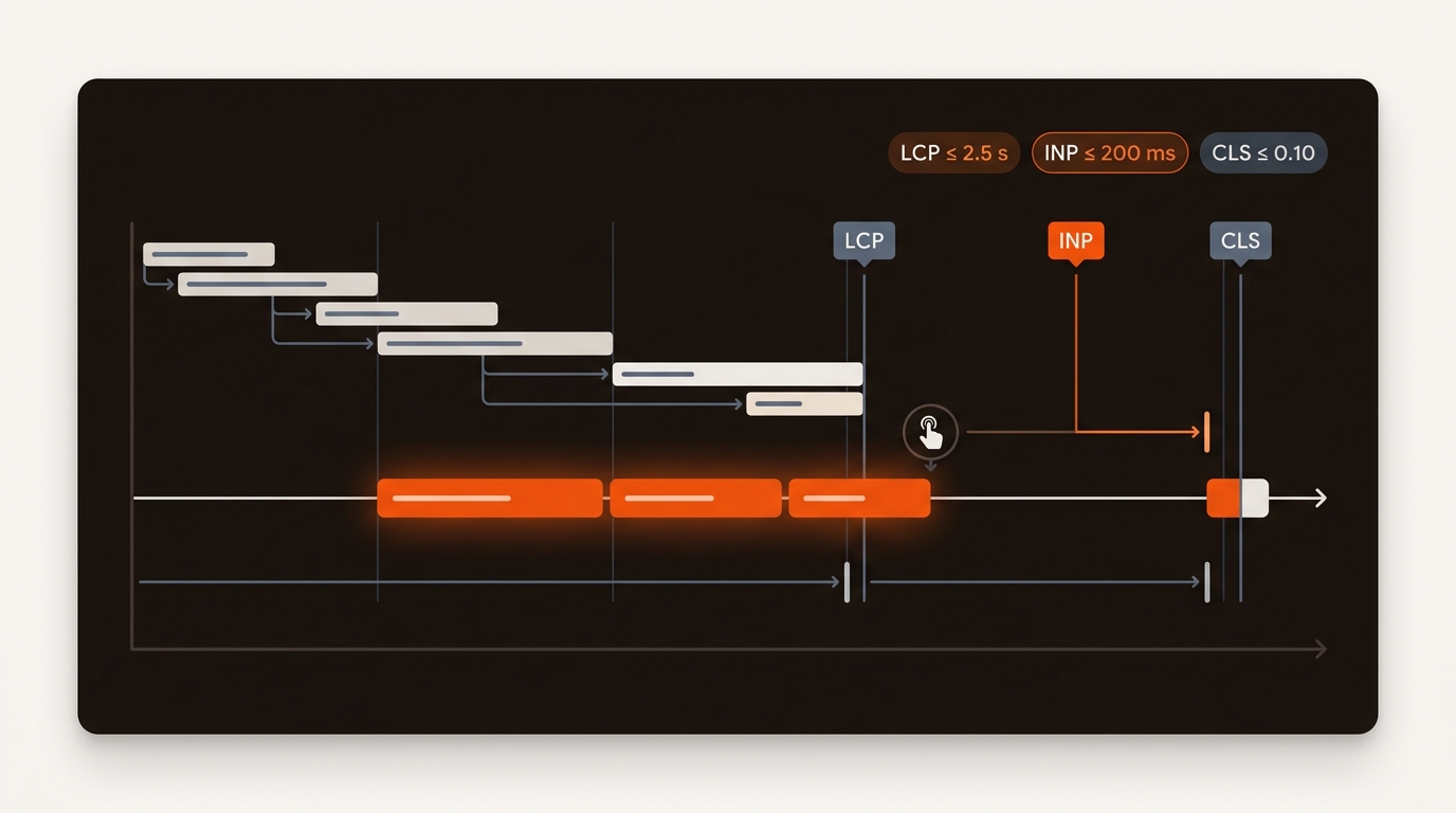 Hero illustration of a performance waterfall with long main‑thread tasks highlighted in orange delaying INP, and markers for LCP, INP, and CLS.