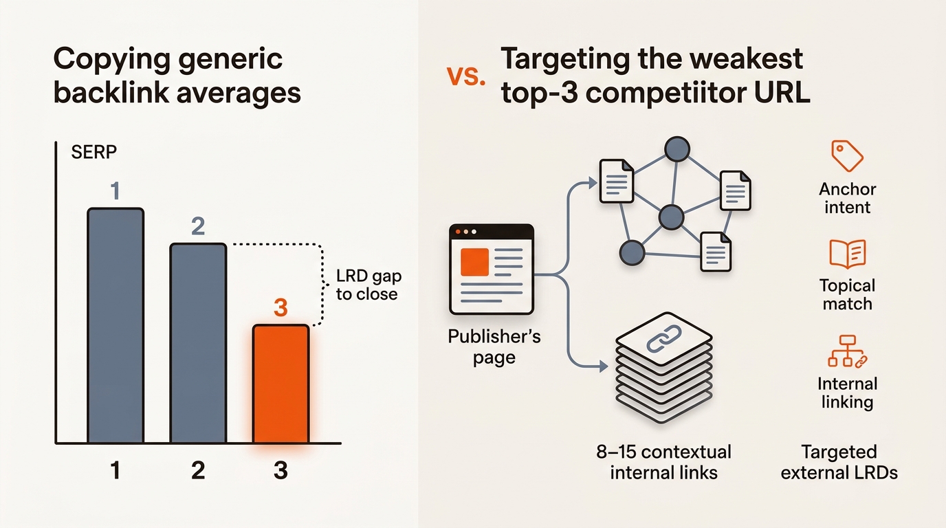 Minimal vector graphic showing a top-3 SERP bar chart with the lowest bar highlighted and a page icon linking to internal nodes and targeted backlinks, illustrating how closing the weakest competitor’s LRD gap beats following generic averages.