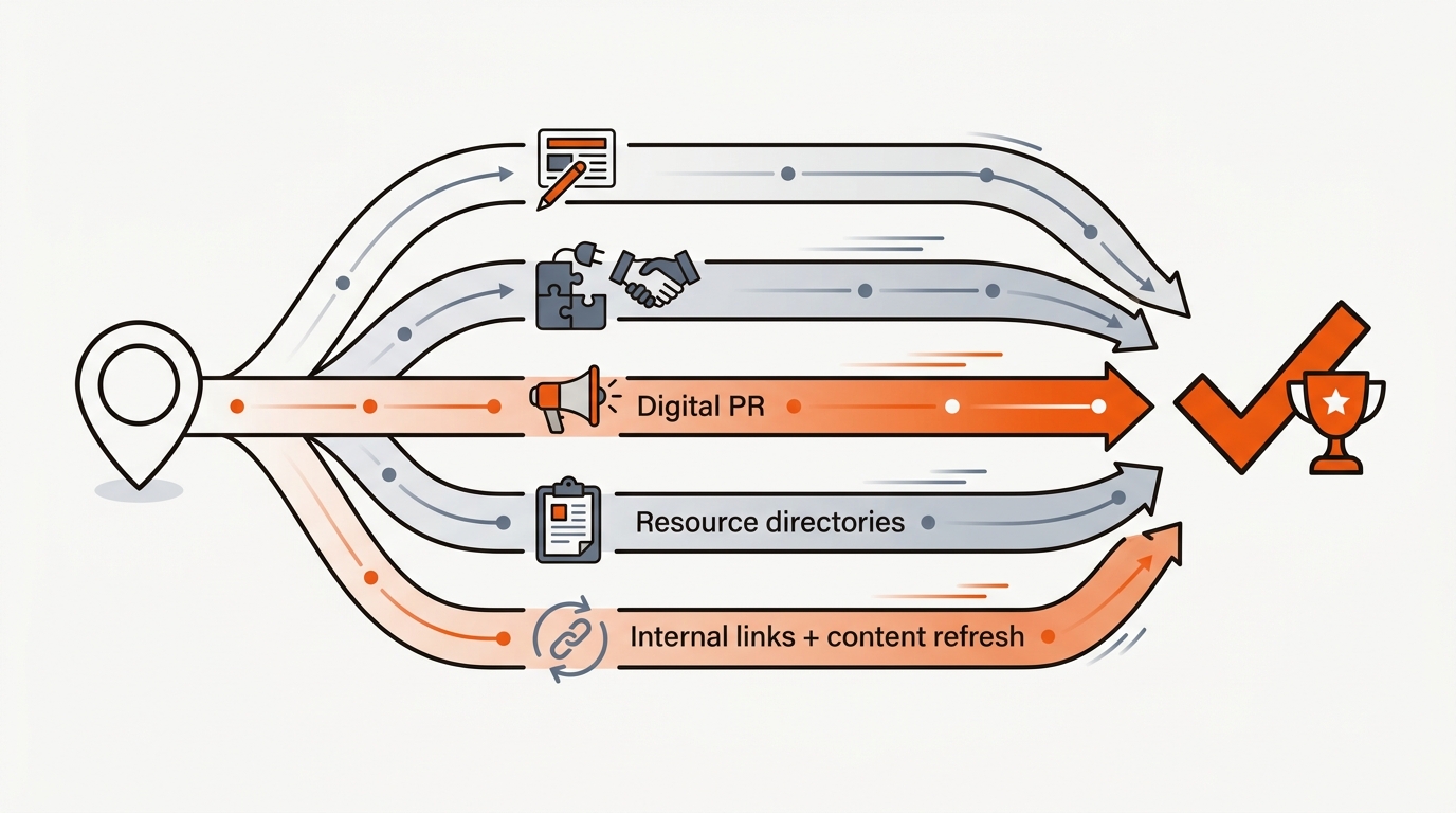 Vector roadmap with five tactic lanes, guest posts, partnerships, digital PR, directories, and internal links, converging toward a ranking goal, with the primary lane highlighted in brand orange to show the fastest path to closing the LRD gap.