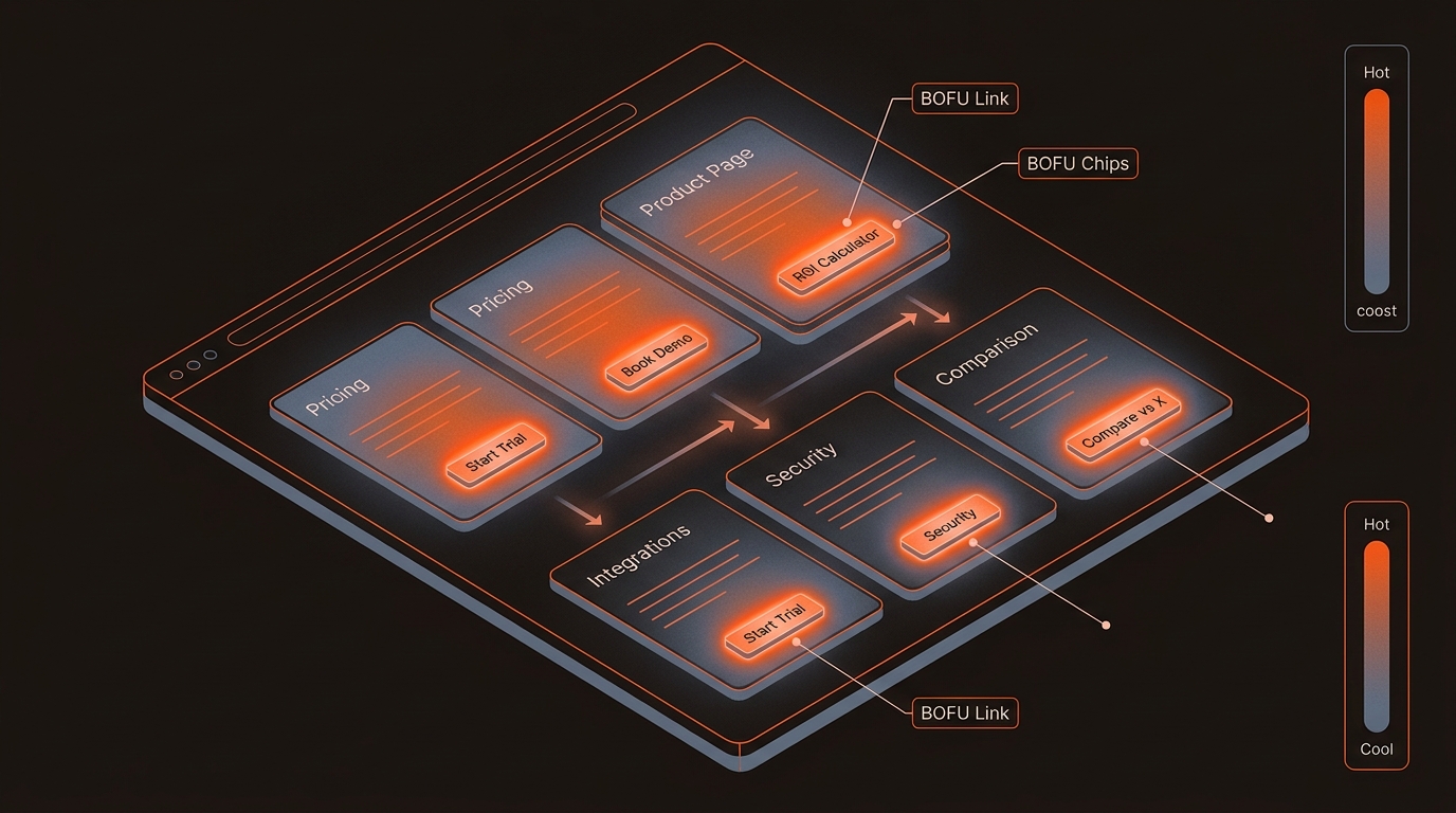 Semi-isometric website wireframe with a heatmap showing bright orange hotspots where BOFU links, Pricing, Demo, ROI Calculator, Security, and Comparison, appear on high-intent pages.