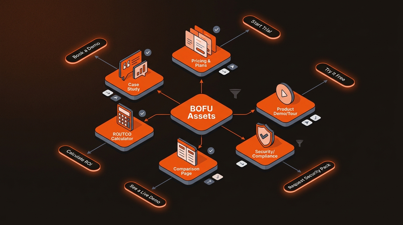 Hero diagram mapping six BOFU asset types, case study, pricing, ROI calculator, comparison, product demo, and security, to their corresponding CTAs on a dark background in brand orange and slate.