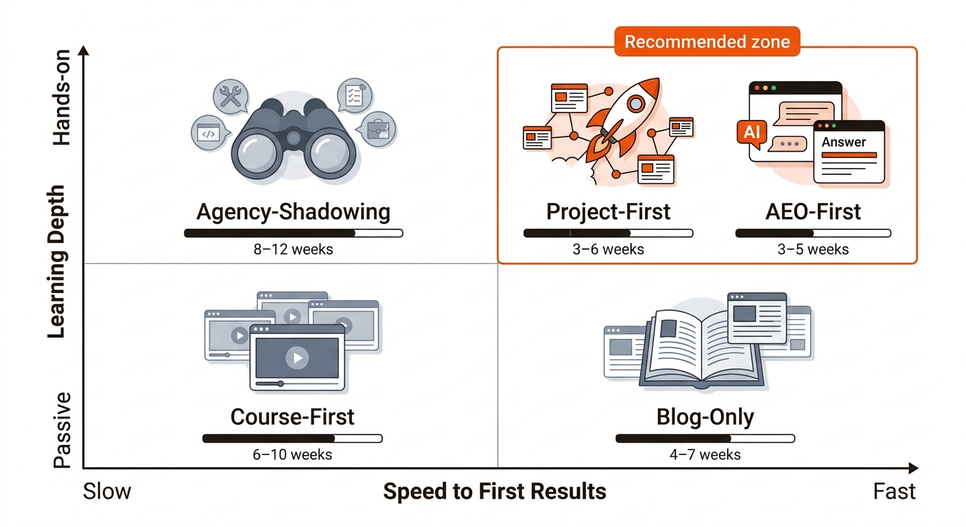 Infographic matrix contrasting SEO learning approaches by speed and hands-on depth, with Project-First and AEO-First highlighted as the fastest, most practical paths.