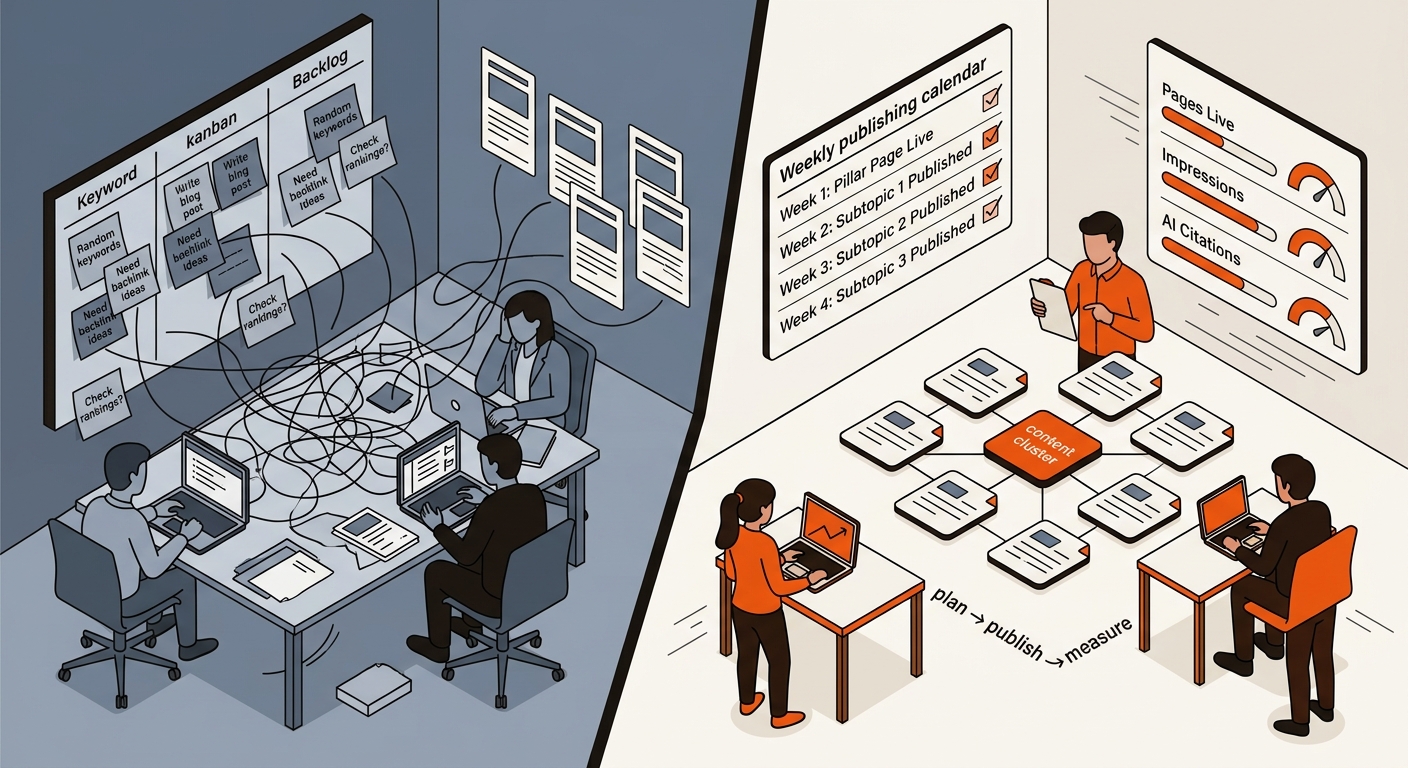 Split-screen illustration showing a chaotic, scattered SEO backlog on the left and a focused content cluster with a publishing calendar and scoreboard on the right.