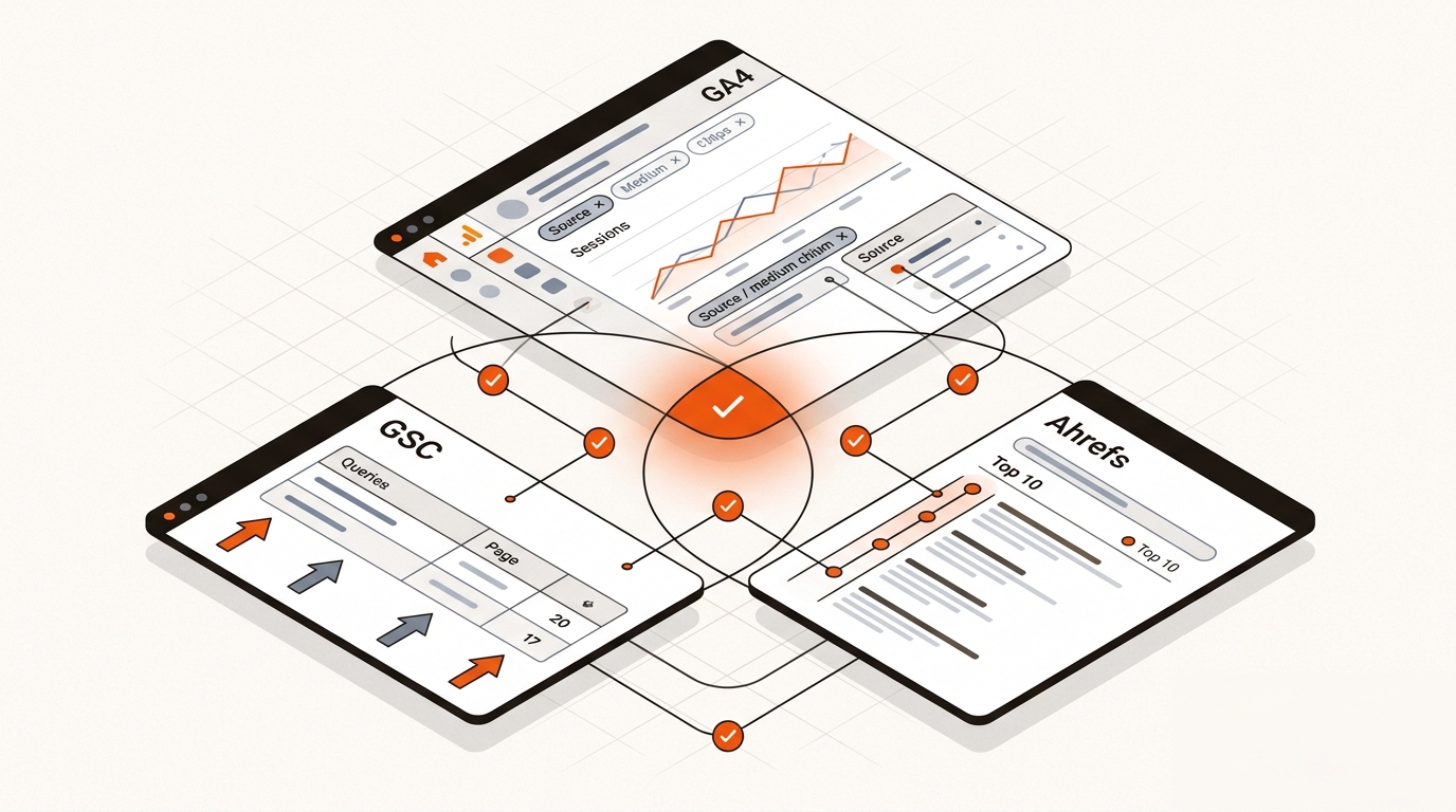 Three overlapping analytics panels, GA4, GSC, and Ahrefs, connected with lines and checkmarks, highlighting the overlap that proves an organic visit.