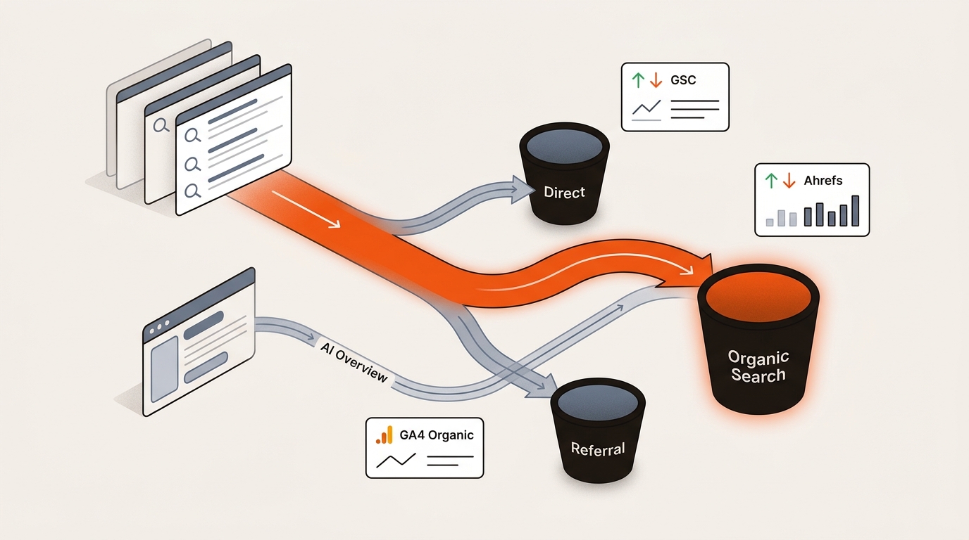 Stylized flow diagram showing search clicks splitting, with a bold organic stream and thinner leaks to Direct and Referral, illustrating misattribution in analytics.