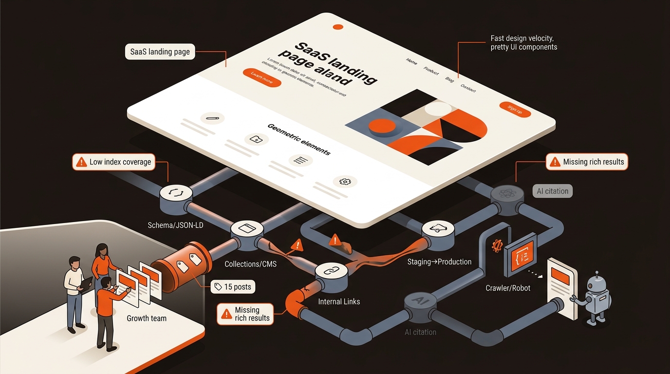 Split-view illustration of a polished SaaS website facade above tangled backend plumbing showing clogged schema, weak collections, and broken internal links, highlighting why design speed alone harms SEO and AI citations.