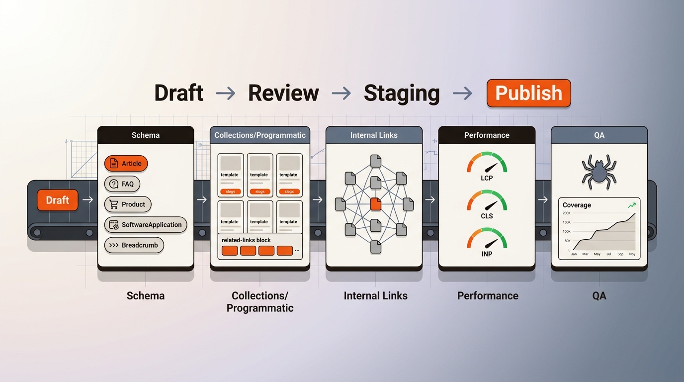 Workflow blueprint showing a content pipeline with schema chips, programmatic collection templates, enforced internal links, Core Web Vitals gauges, and a QA stage—visualizing the implementation details that drive rankings and AI Overviews.