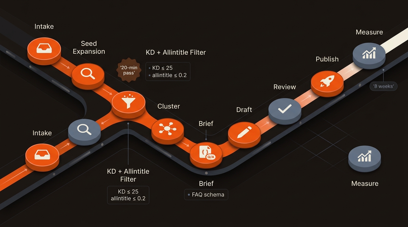 Horizontal workflow timeline from keyword intake through expansion, KD and allintitle filtering, clustering, brief with FAQ schema, drafting, review, publish, and measurement, highlighted in the brand’s orange with dark and slate accents.