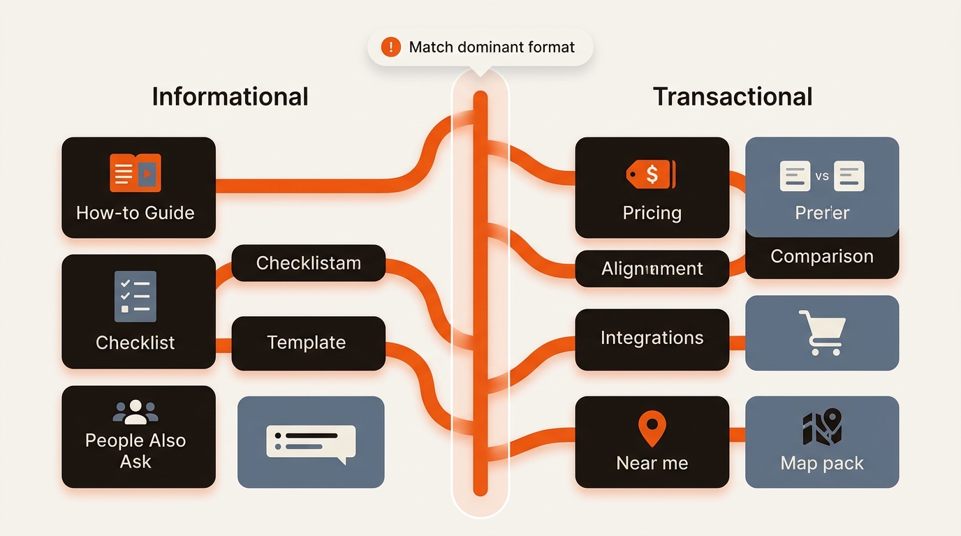 Diagram mapping SERP intent: informational queries to guides, checklists, and templates, and transactional queries to pricing, comparisons, integrations, and local results, with subtle icons for PAA, shopping, and maps in brand colors.
