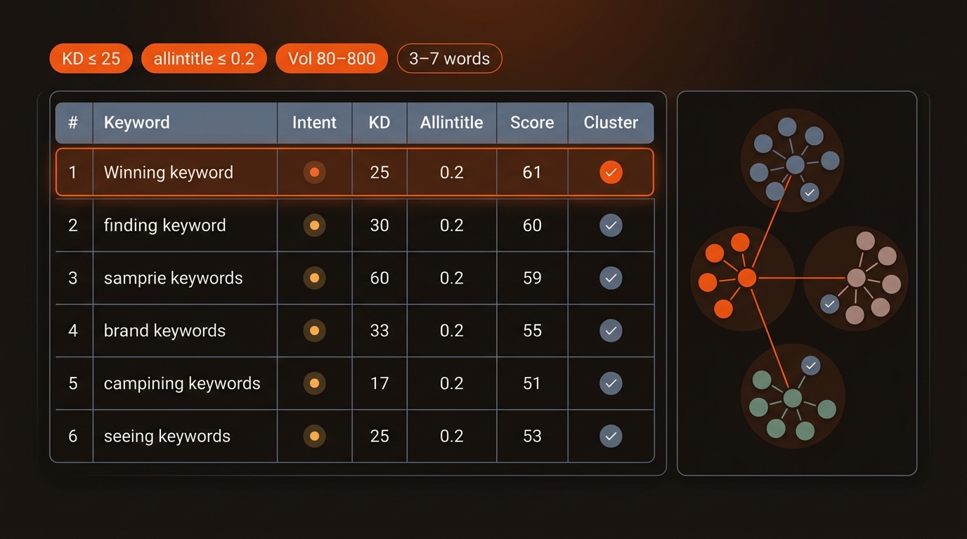 Hero infographic of a keyword scoring sheet with columns for intent, KD, allintitle, and score, plus a cluster map grouping queries into topics, using orange, slate blue, and near-black brand colors.