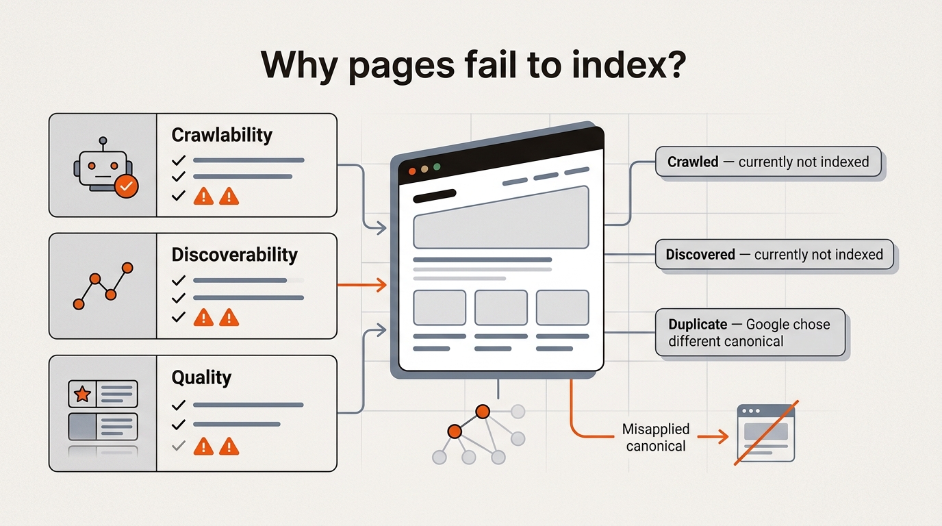 Analytical infographic showing a webpage surrounded by Crawlability, Discoverability, and Quality pillars with status chips like 'Crawled not indexed' and a small internal link graph, in orange, near-black, and slate-blue brand colors.
