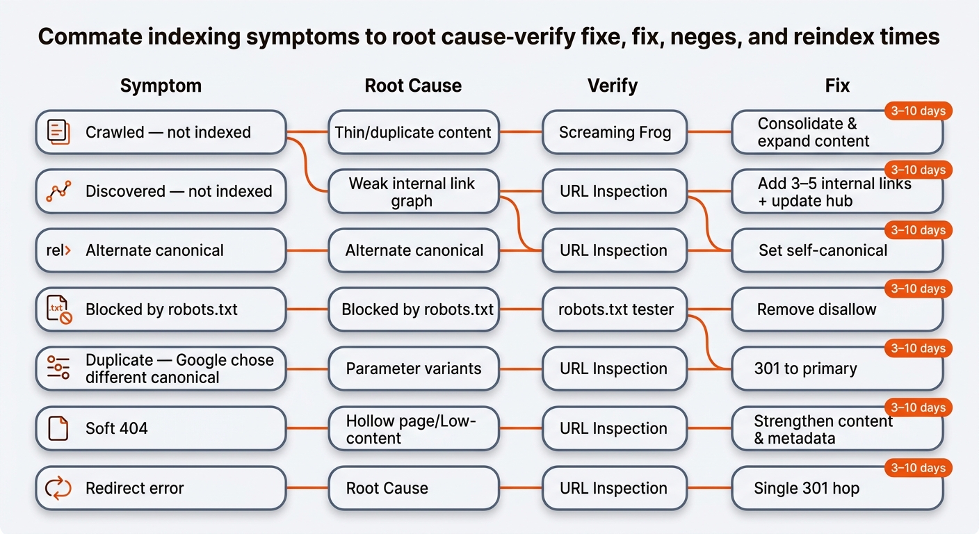 Matrix-style infographic mapping indexing symptoms to root causes, verification tools, fixes, and expected reindex times, using the brand’s orange, near-black, and slate-blue palette.