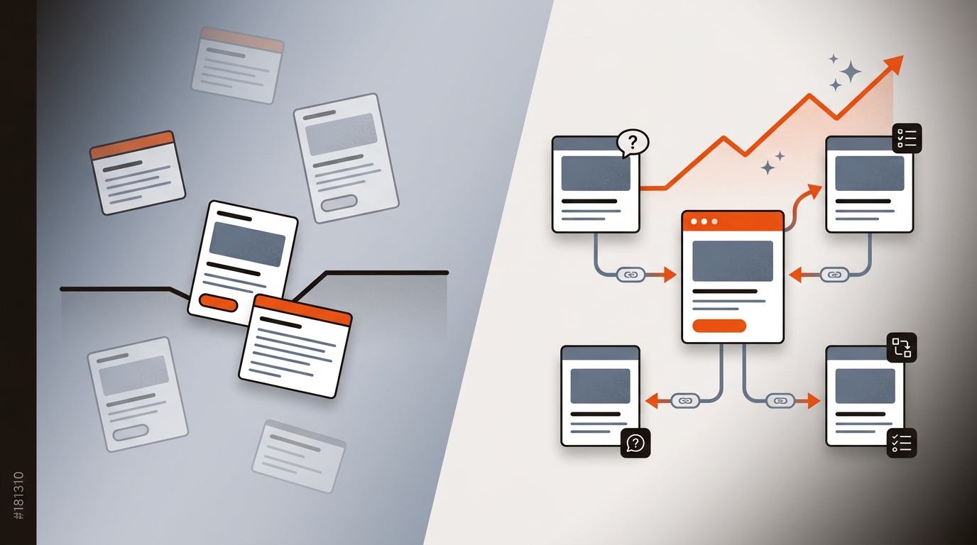 Split illustration contrasting disconnected orphan posts and flat metrics with an organized hub-and-spoke content cluster showing schema badges, clear internal links, and rising performance in the brand’s orange, charcoal, and slate colors.