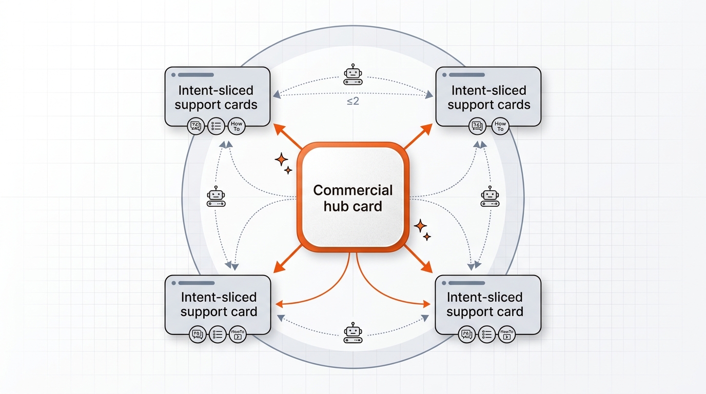 Modern vector diagram of a 1-to-4 content cluster with a central hub linking to four schema-equipped support pages, cross-links between supports, and a subtle two-click boundary, using the brand’s orange, charcoal, and slate palette.