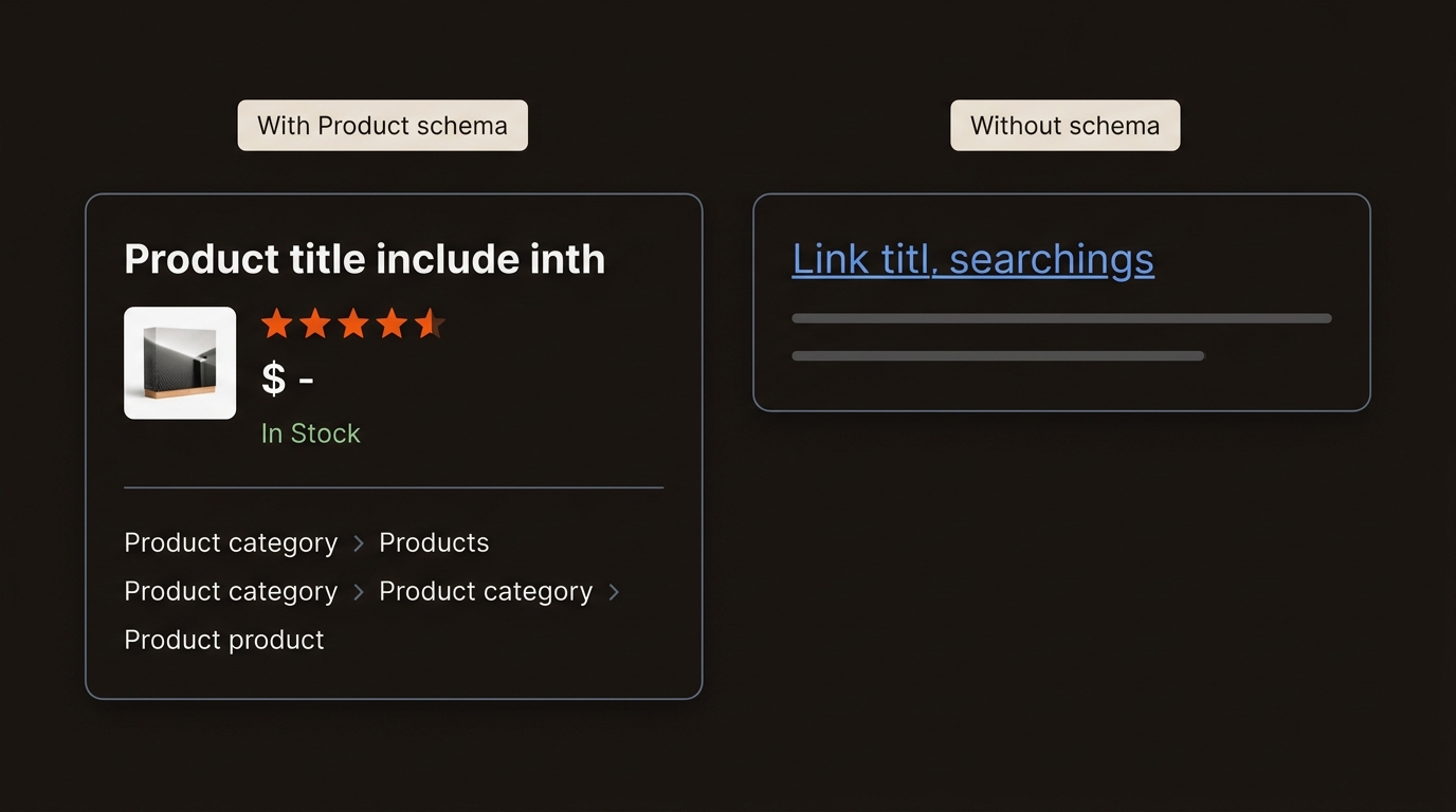 Side-by-side comparison of a rich product search result with ratings, price, and availability versus a plain blue link result with minimal details.