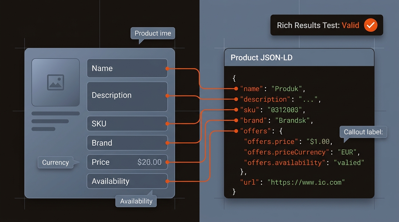 Editorial diagram showing a product detail card mapped to a Product JSON-LD code block with connector lines and a 'Rich Results Test: Valid' badge.
