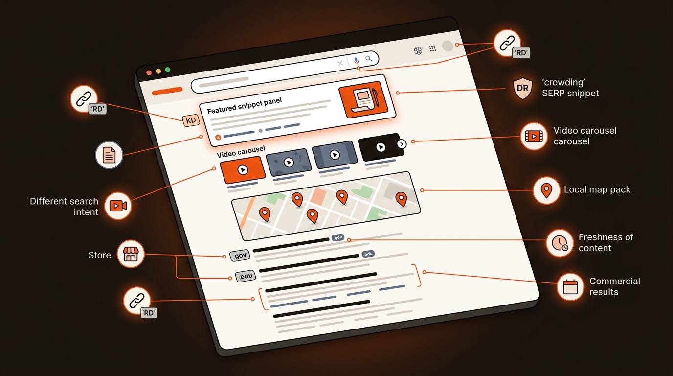 Editorial vector of a search results page with orange callouts highlighting backlinks, domain authority, search intent, and SERP features like a featured snippet, video carousel, and map pack.