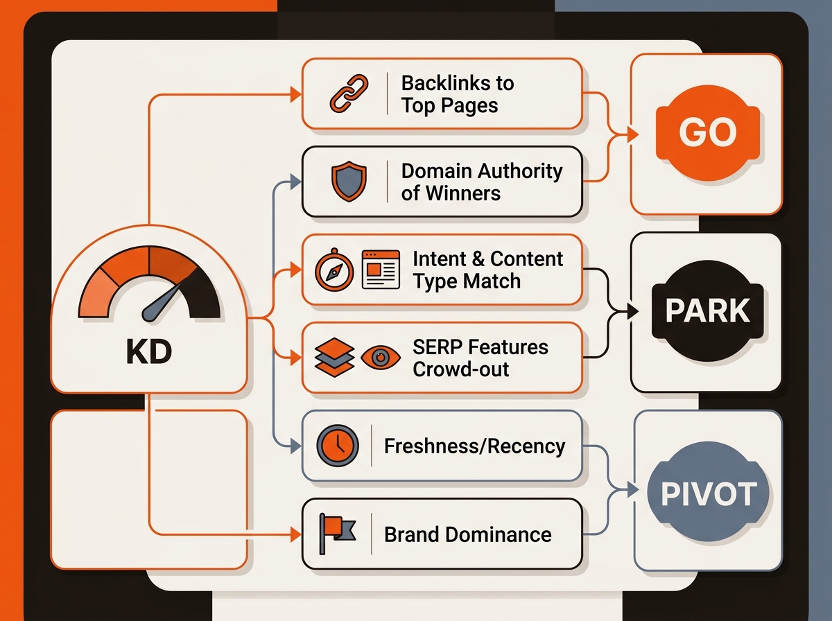 Vector decision tree starting from a KD gauge and branching through six icon-labeled checks to three outcomes: GO (orange), PARK (dark), and PIVOT (blue-gray).
