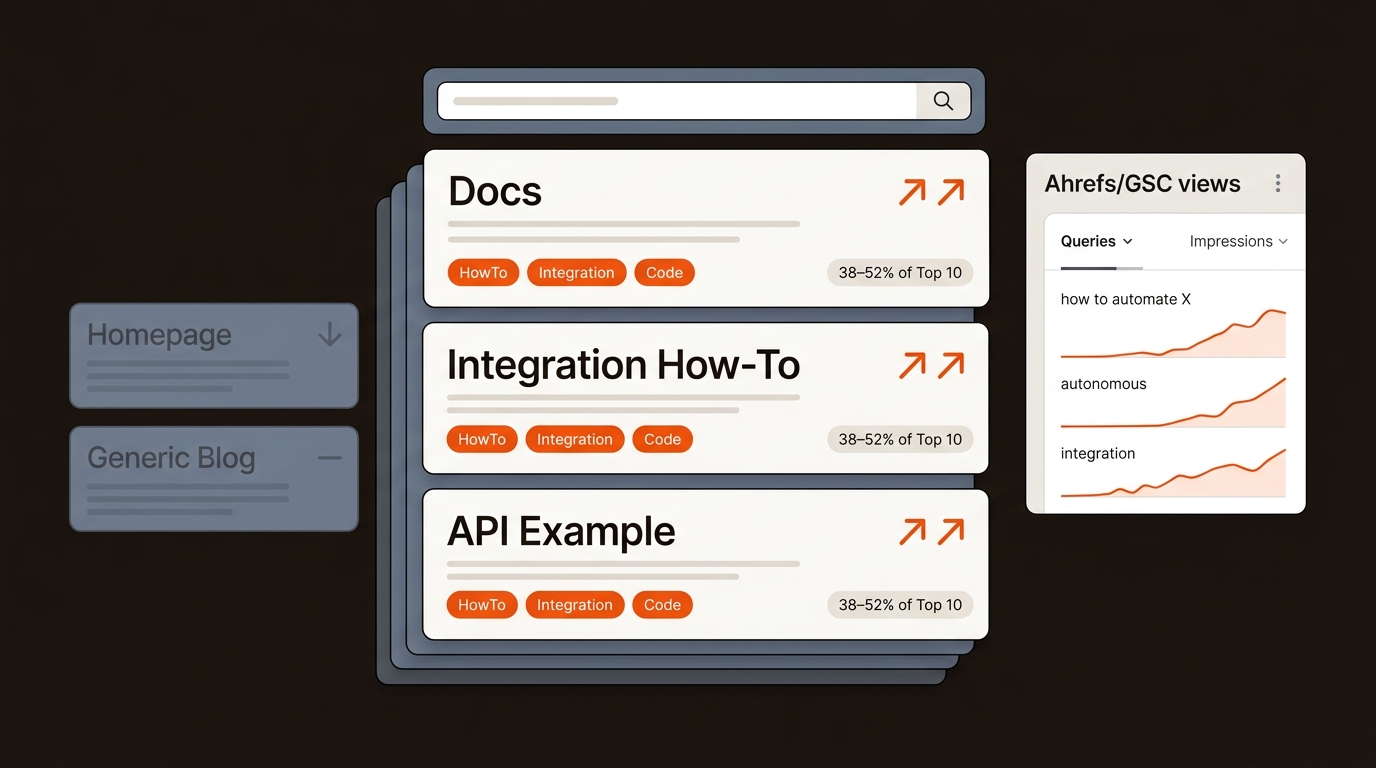Data-focused illustration of a search results page where documentation, integration how-tos, and API examples outrank generic homepages and blogs, using Mergeflo’s orange, charcoal, and slate blue brand colors.