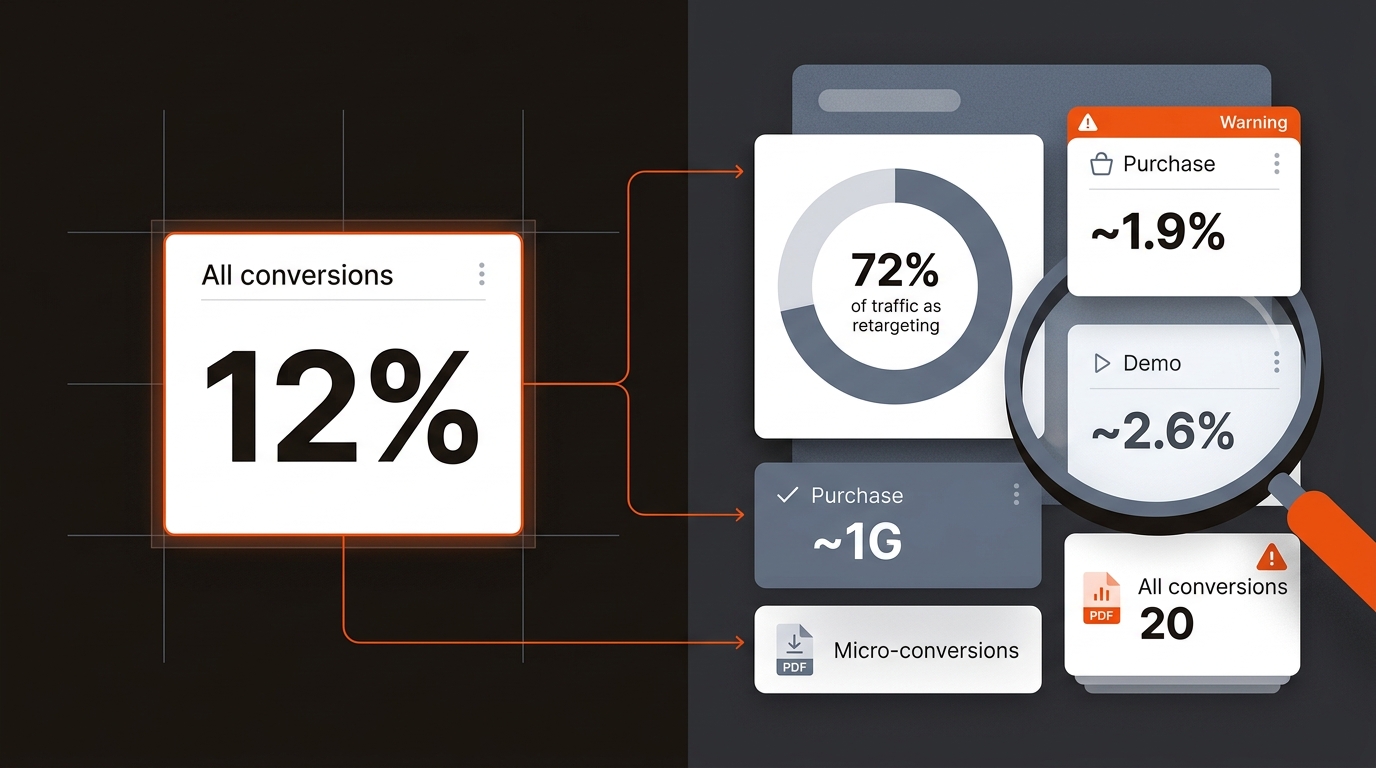 Split-screen analytics illustration contrasting a bold 12% conversion headline with an audit view showing 72% retargeting and much lower purchase (1.9%) and demo (2.6%) rates, in a clean dark UI using orange, charcoal, and blue-gray brand colors.