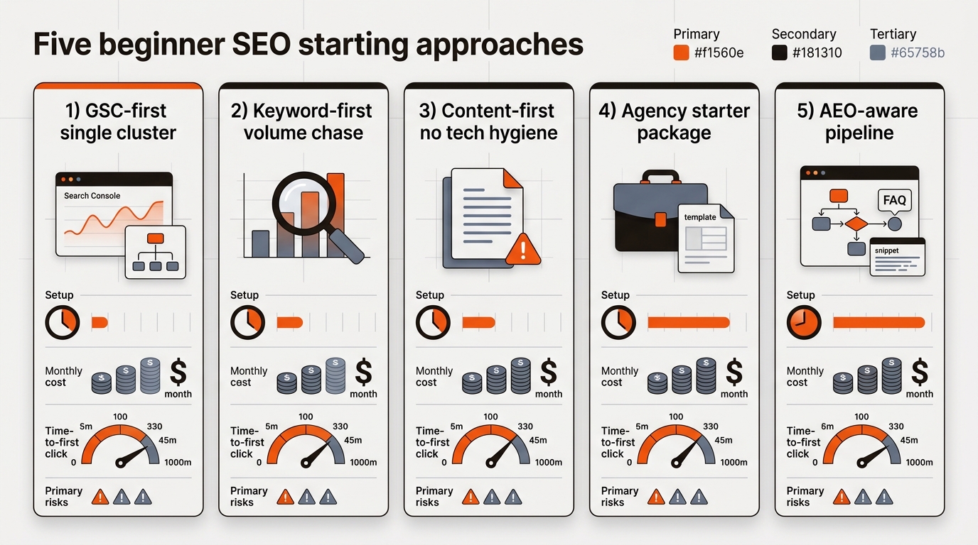 Icon-based comparison infographic with five cards showing different beginner SEO starting approaches, each with setup time, cost, time-to-first-click, and risks indicated by clocks, coins, finish lines, and warning icons.