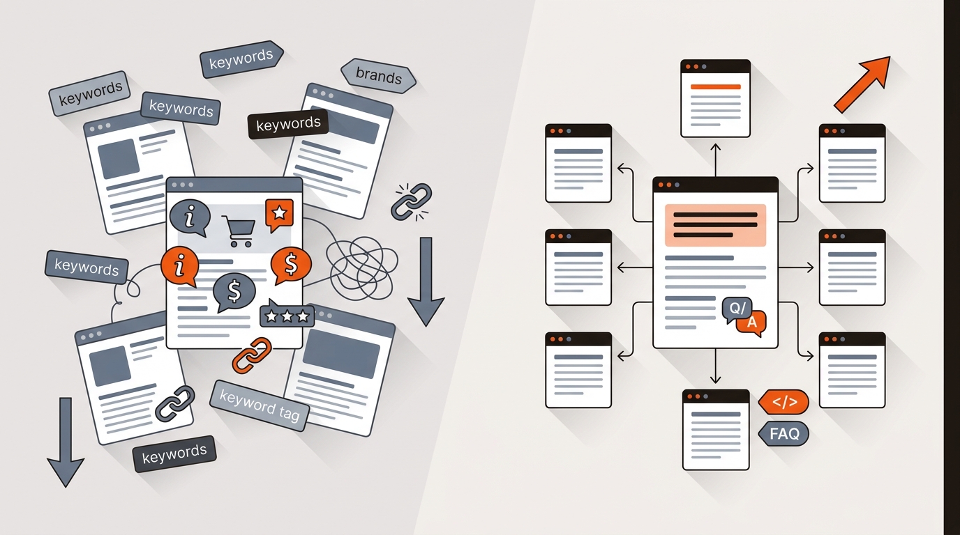 Split-screen illustration showing disorganized, mixed-intent SEO on the left and a tidy, interlinked content cluster with a pillar page, FAQs, and upward CTR arrow on the right.