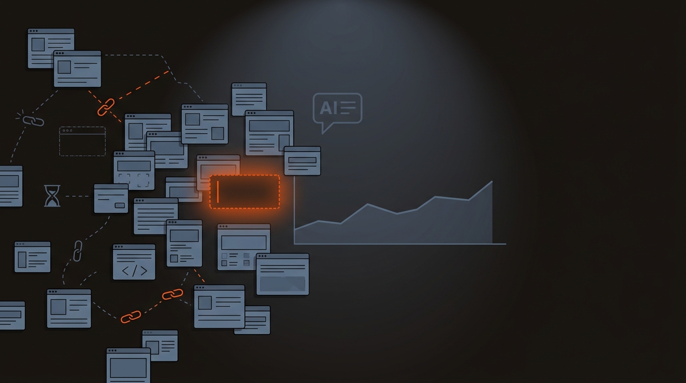Abstract vector of scattered, unlinked content tiles with a weak traffic chart and a glowing, missing short-answer block, illustrating why teams miss 1,000 visitors per day.