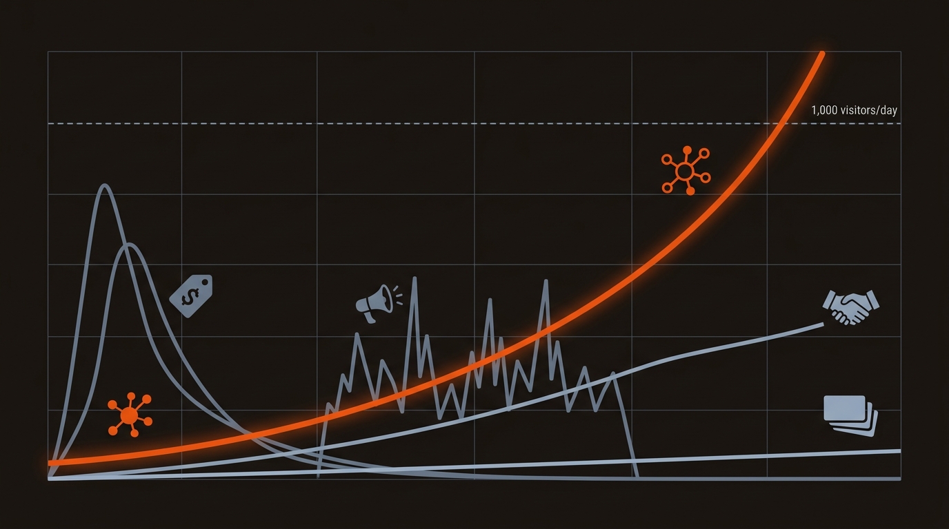 Stylized comparison line chart showing the SEO cluster steadily compounding past the 1,000/day threshold while paid spikes and drops, social spikes, partnerships rise moderately, and directories trickle.