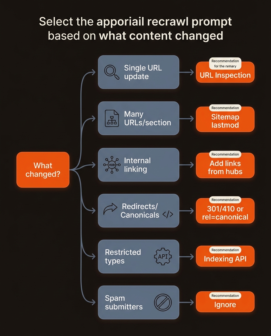 Decision-flow infographic mapping content changes to the best recrawl prompt: URL Inspection, sitemap lastmod, internal links, redirects or canonicals, Indexing API (restricted), and ignoring spammy submitters.