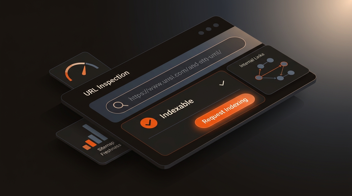 Stylized dark-theme dashboard showing an indexable status with a checkmark and a glowing 'Request Indexing' button, representing a URL inspection panel.