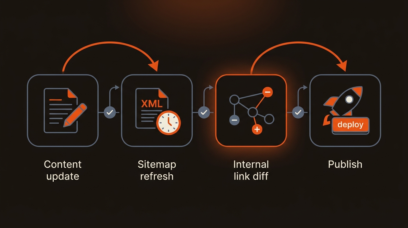 Four-step workflow diagram showing content update, sitemap refresh, internal link updates, and publish, connected by arrows in a dark theme with orange highlights.