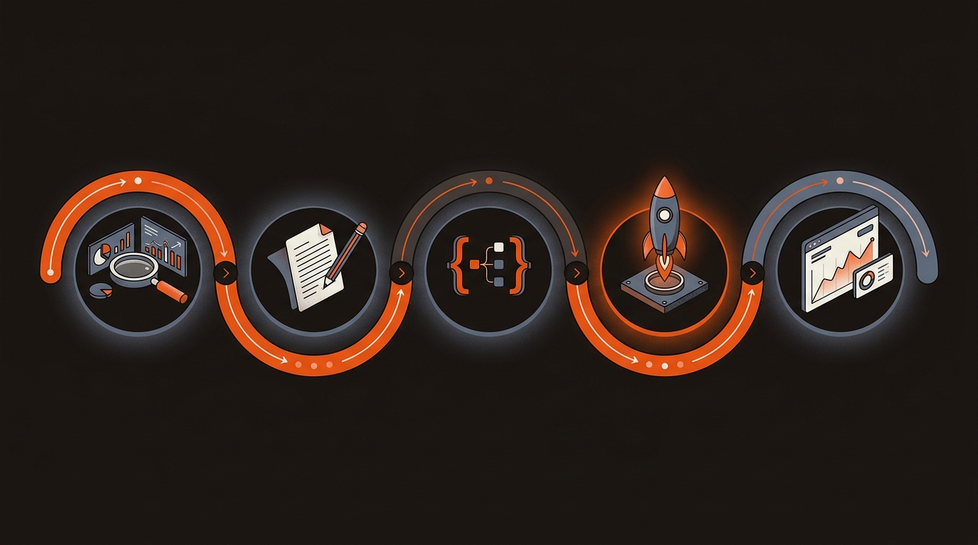Five-step workflow diagram showing research, drafting, schema markup, publishing, and monitoring, linked by an orange path on a dark background with brand styling.