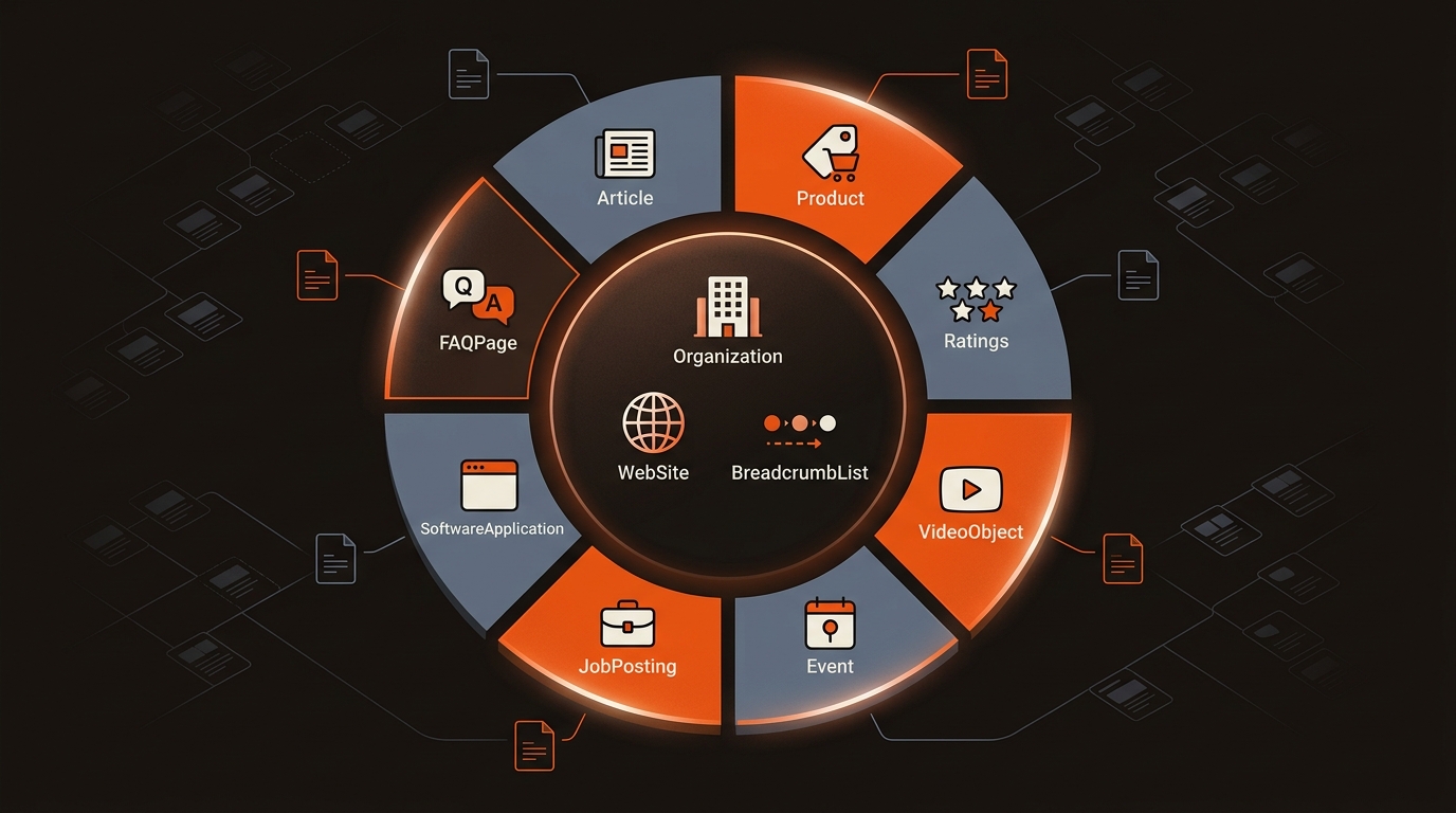 Two-layer circular diagram contrasting sitewide baseline schema (Organization, WebSite, Breadcrumbs) at the core with page-level types like Article, Product, Video, FAQ, Event, JobPosting, and SoftwareApplication around it on a dark, brand-colored background.