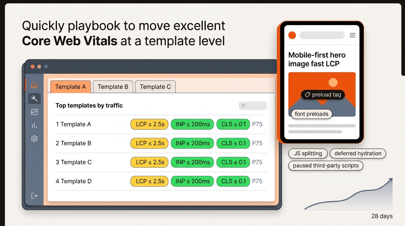 Playbook-style illustration showing a dashboard of templates with improving P75 LCP, INP, and CLS, alongside a mobile preview of an optimized hero image with preload and reserved space, and a 28-day trend line moving upward.