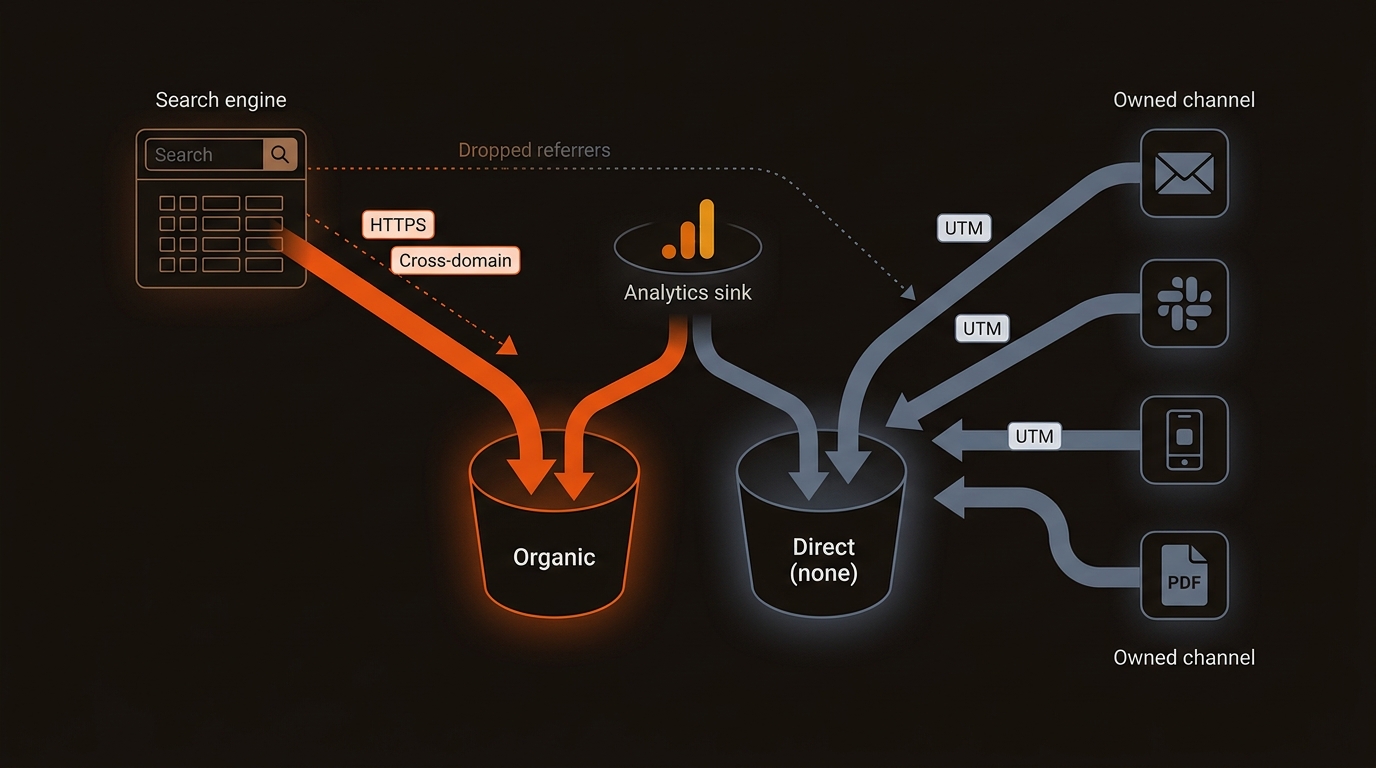 Modern infographic showing referrer flows: search traffic in orange going to Organic, and untagged email, apps, and document links in blue-gray going to Direct (none), with dotted lines highlighting misattribution and tags for UTM, HTTPS, and cross-domain fixes on a dark charcoal background.