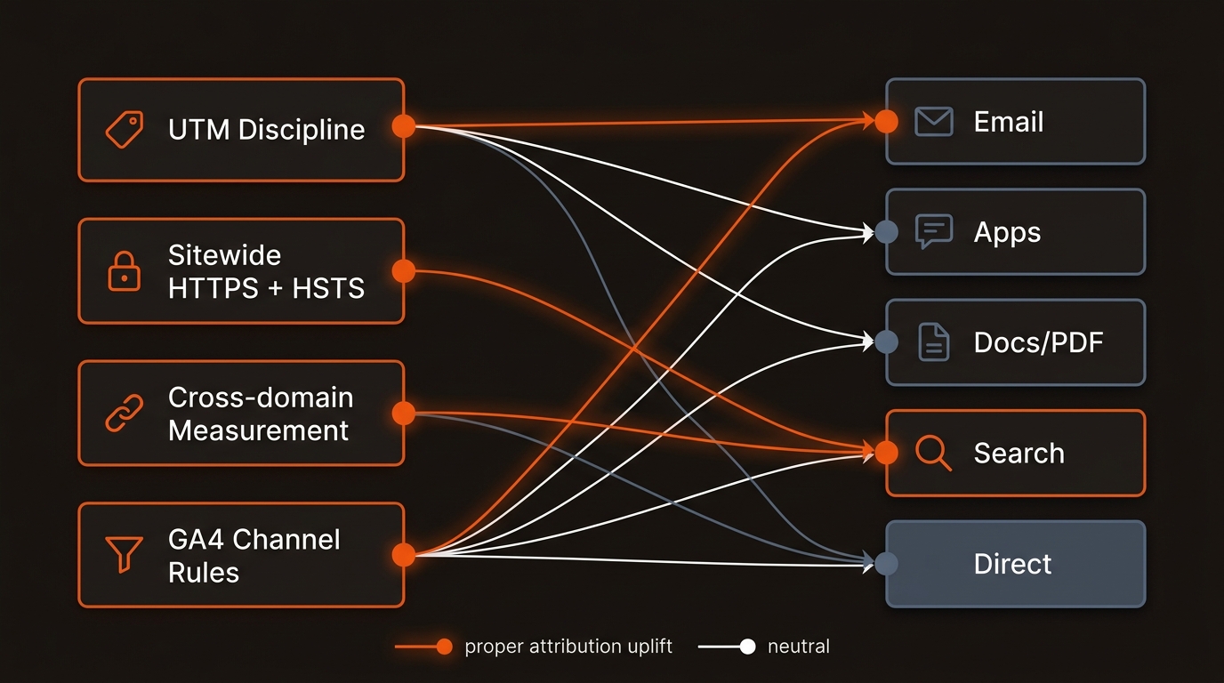 Network chart mapping fixes—UTMs, HTTPS/HSTS, cross-domain measurement, and GA4 rules—to channels like Email, Apps, Docs/PDF, Search, and Direct, with orange lines for proper attribution uplift and blue-gray lines for reduced Direct on a dark charcoal background.