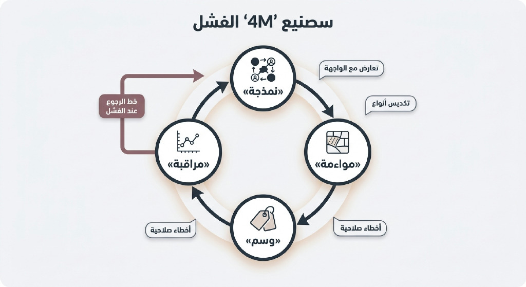 مخطط حلقي يبيّن مراحل «نمذجة»، «مواءمة»، «وسم»، «مراقبة» متصلة بأسهم في دائرة. من «مراقبة» يخرج سهم جانبي يعود إلى «نمذجة» يحمل شارة «خط الرجوع عند الفشل». تظهر فقاعات تحذير صغيرة خارج الحلقة بنصوص «تعارض مع الواجهة»، «تكديس أنواع»، «أخطاء صلاحية». الخلفية فاتحة #f4f5f7 والعناصر داكنة #1f2933.