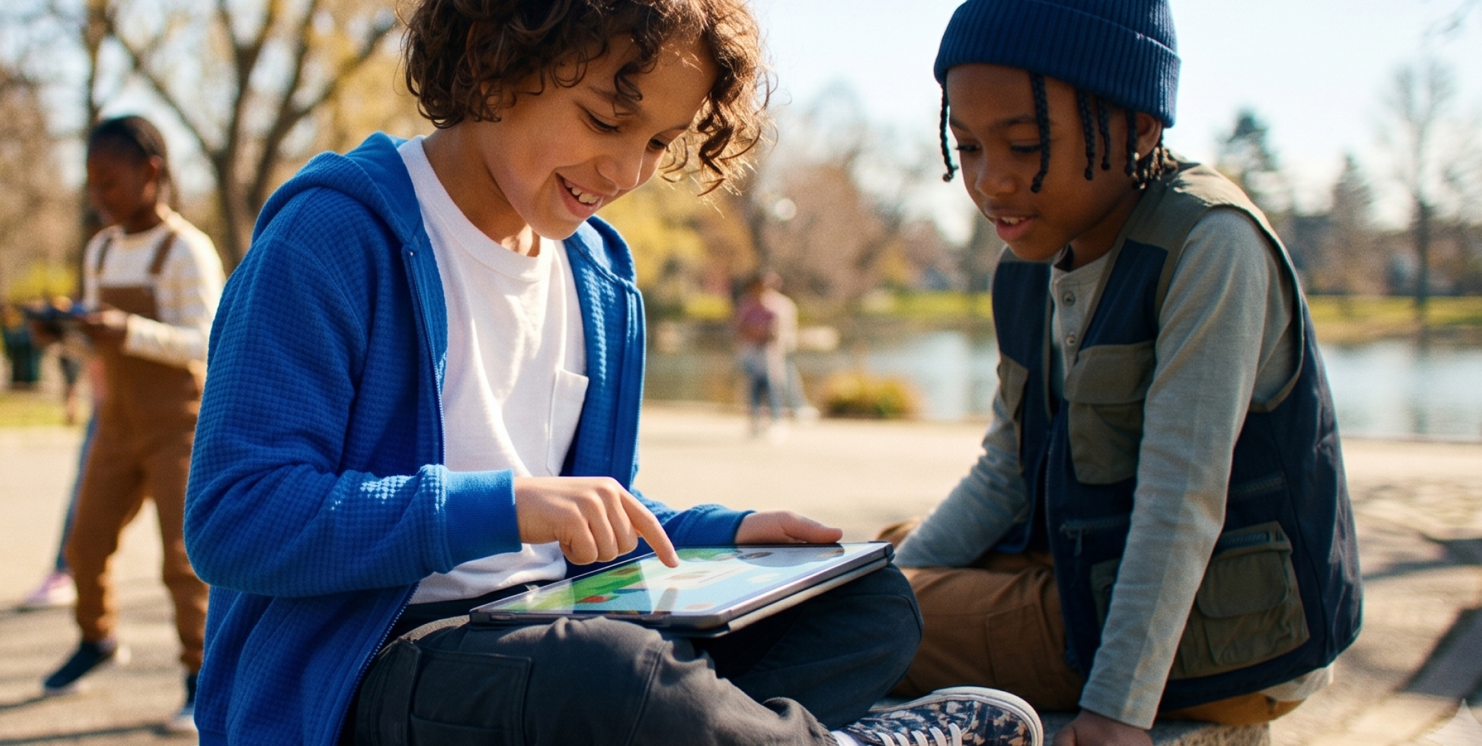 Two students smiling while using Atom on a tablet outdoors