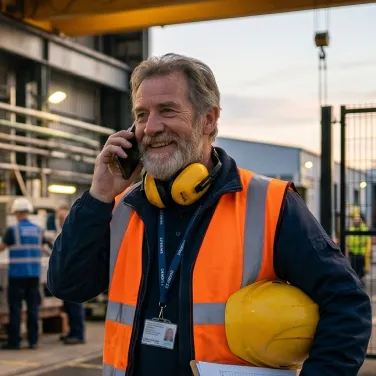 Smiling construction worker in orange safety vest holding a yellow helmet and talking on a phone.