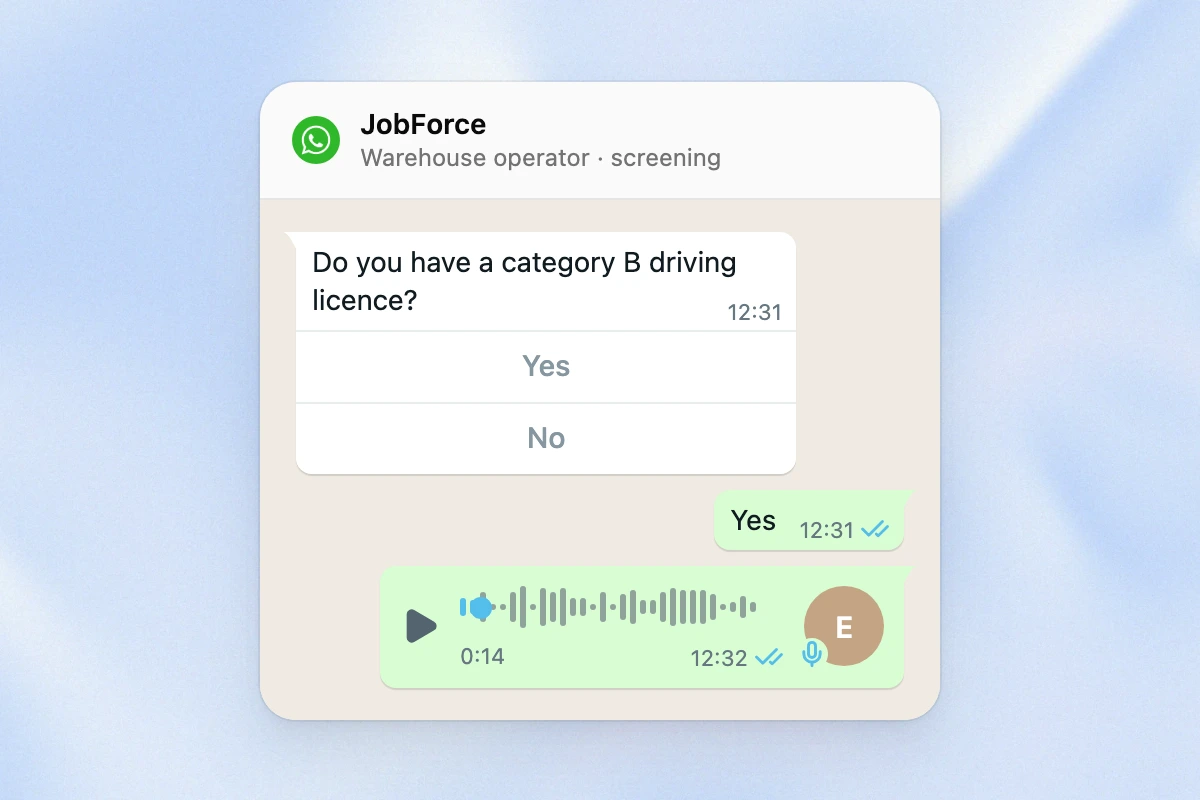 WhatsApp chat with Yes and No buttons and a voice note