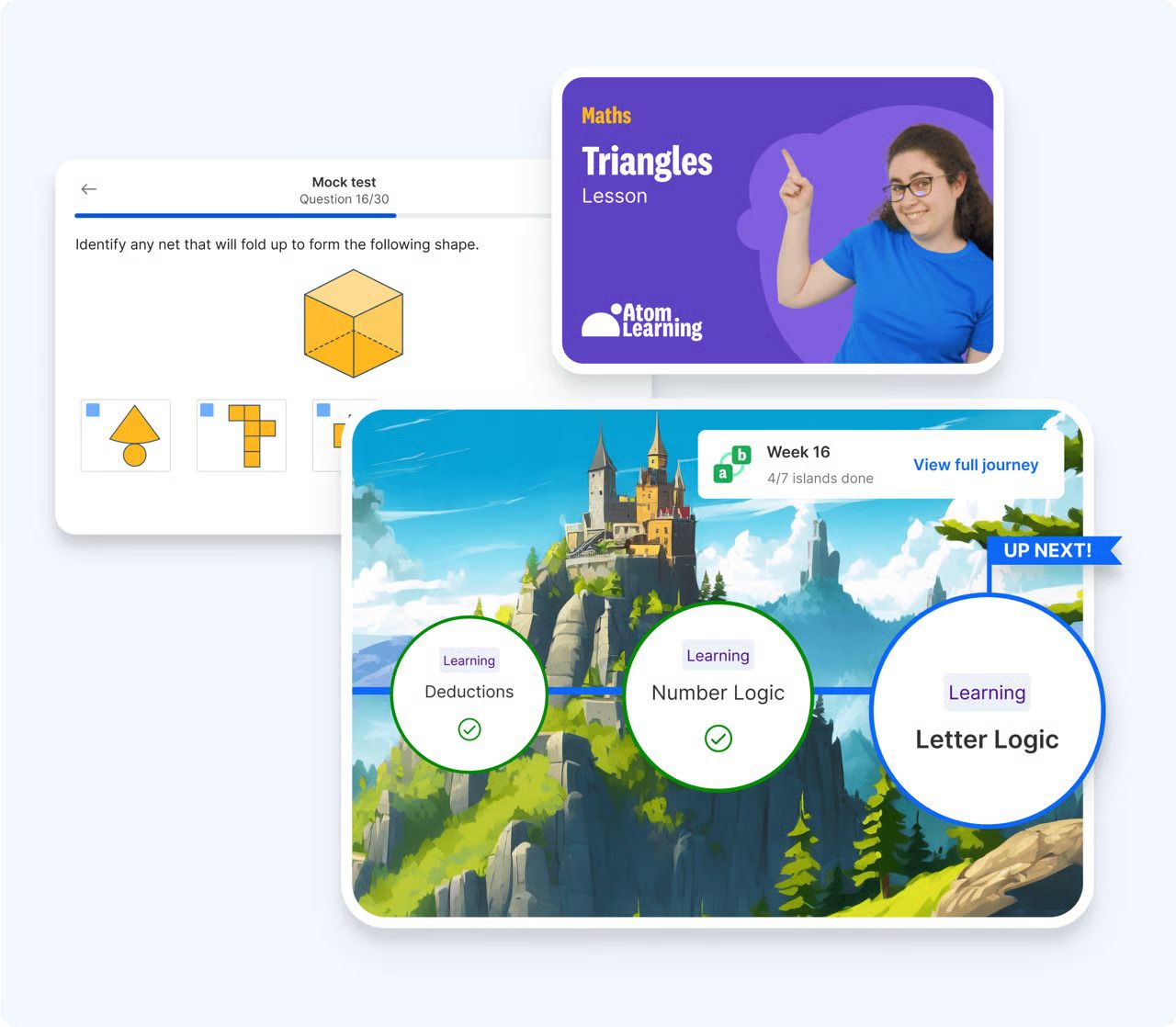 Atom Home's adaptive learning platform, with practice questions and live lessons all available in a child's learning journey