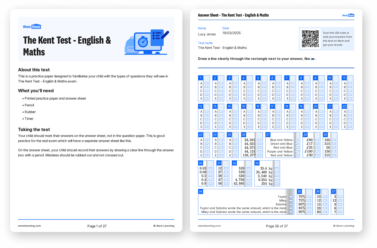 A Kent Test practice paper and answer sheets downloaded from Atom Home