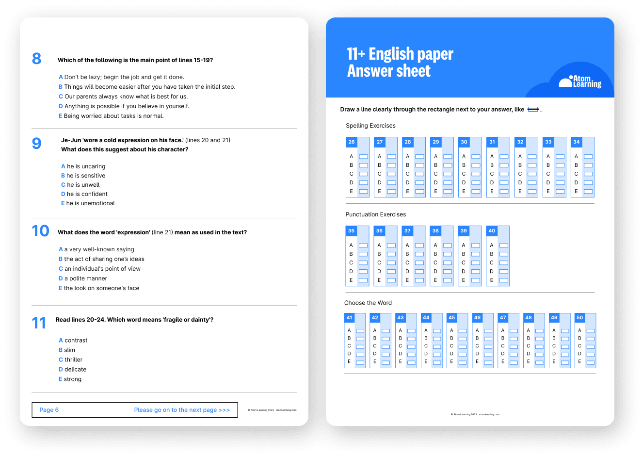 Reading comprehension questions and a separate answer sheet downloaded from Atom Home