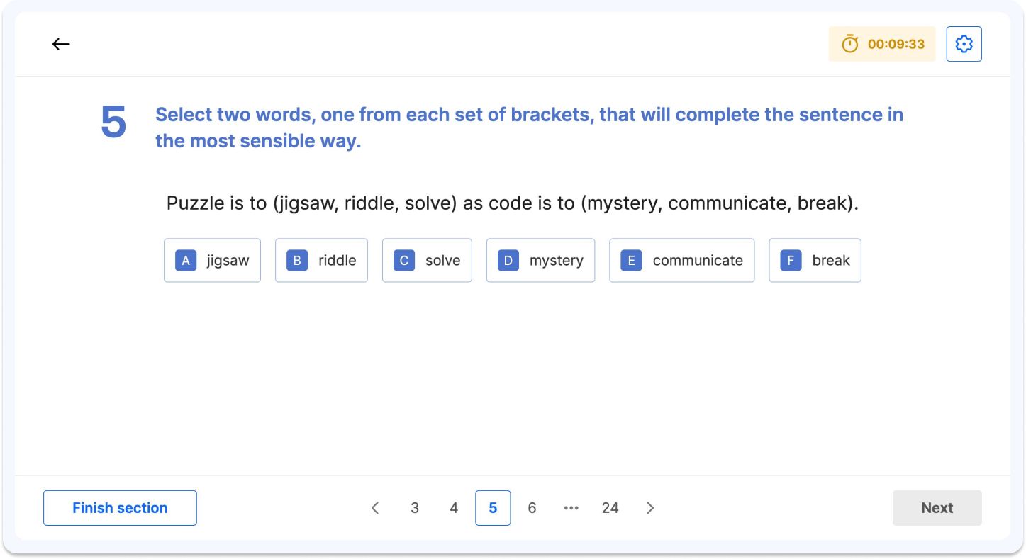 A verbal analogies question on a CAT4 mock test on Atom